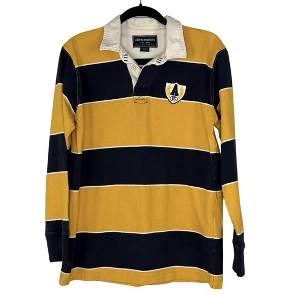 Vintage 90s Abercrombie Fitch Rugby Shirt XL Fits Size M Striped Crest Navy Gold - Picture 2 of 4